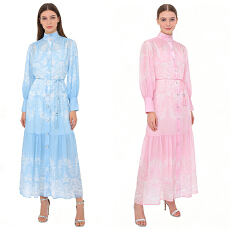 批发GRETA 2026春夏新款油画风复古立领灯笼袖印花连衣<b class='q'>裙</b>