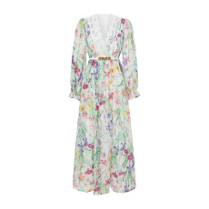 批发GRETA 2026春夏度假风v领<b class='q'>喇叭袖</b>蕾丝拼接印花<b class='q'>连衣裙</b>