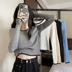 批发短款上衣配高腰裤女早秋内搭针织<b class='q'>打底</b>衫2025新款显瘦长袖t恤