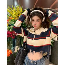 批发美式复古条纹长袖毛衣<b class='q'>女</b>秋季撞色polo领短款流苏针织衫上衣