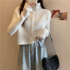 批发秋冬季新款半高领开衫外穿软糯毛衣<b class='q'>女</b>短款翻领长袖针织衫