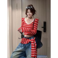 批发纯欲辣妹V领撞色条纹针织长袖T恤女早秋新款内搭上衣<b class='q'>打底衫</b>两件套