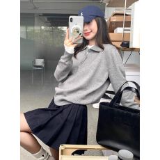 批发老钱风polo翻领针织<b class='q'>衫</b>女秋季时髦高级正肩上衣学院风套头长袖毛衣