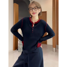 批发设计感撞色长袖针织衫女秋装新款气质遮肚显瘦内搭打底衫修身上衣