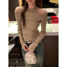 批发韩系漂亮卡其色假两件长袖针织衫女早秋氛围感穿搭露肩内搭小上衣