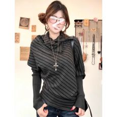批发复古黑灰条纹不规则针织衫女早秋穿搭韩系蝙蝠袖宽松<b class='q'>长袖</b>毛衣上衣