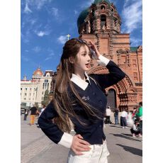 批发韩系格子polo领假两件麻花长袖针织衫女修身短款<b class='q'>毛衣</b>外套开衫上衣