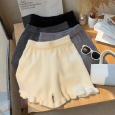 批发爆款韩系纯色新款松紧<b class='q'>高腰</b>针织木耳边阔腿<b class='q'>短裤</b>子女小个子外穿裤子