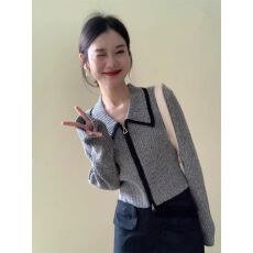批发复古撞色翻领灰色双拉链<b class='q'>针织衫</b><b class='q'>女</b>2025秋季修身显瘦短款外套上衣潮
