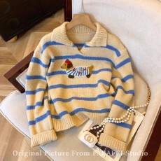 批发可爱风日系条纹小狗<b class='q'>毛衣</b>女2025秋冬新款翻领针织衫加厚保暖<b class='q'>羊绒</b>衫