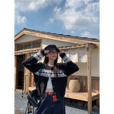 批发复古<b class='q'>黑色</b>提花费尔岛长袖<b class='q'>针织</b><b class='q'>开衫</b>女秋冬新款显瘦百搭减龄毛衣外套