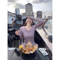 批发紫色交叉V领<b class='q'>针织</b><b class='q'>打底衫</b>女春秋季设计感锁骨修身显瘦毛衣内搭上衣