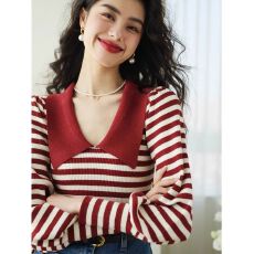 法式气质经典条纹灯笼袖针织衫2025年秋冬新款小众娃娃领上衣女