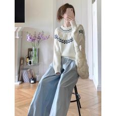 批发今年流行爆款慵懒风高级感费尔岛白色套头毛衣上衣女秋季2025新款
