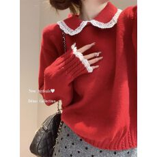 批发纯欲风娃娃领蕾丝打底毛衣女秋冬季洋气内搭高级感红色针织衫上衣