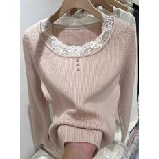 批发蕾丝边拼接长袖针织衫毛衣女2025秋冬新款短款修身内搭打底衫上衣