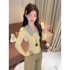 批发韩系学院风翻领条纹毛衣针织衫女秋冬高级感<b class='q'>甜美</b>修身内搭黄色上衣