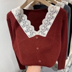 批发2025秋装新款蕾<b class='q'>丝</b>边拼接V领长袖针织衫女毛衣洋气别致打底衫上衣