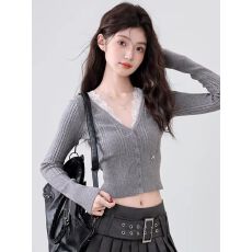 批发2025秋冬新款美式复古蕾丝拼接长袖<b class='q'>针织衫</b>女修身显瘦辣妹短款上衣