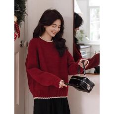 批发新年红色毛衣女2025秋冬季新款时尚百搭设计感宽松圆领长袖<b class='q'>针织衫</b>