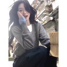 批发假两件慵懒风毛衣女秋冬穿搭内搭打底长袖上衣宽松外套灰色<b class='q'>针织衫</b>