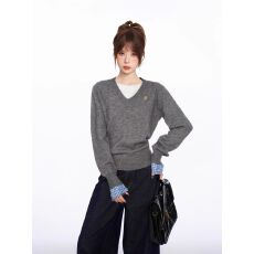 批发灰色v领假两件长袖针织毛衣女春季秋冬季短款内搭打底衫修身上衣