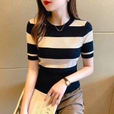批发条纹<b class='q'>短袖</b>t恤女修身显瘦冰丝针织衫2025夏新款外穿内搭短款上衣女