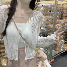 批发温柔木耳边V领长袖<b class='q'>针织</b><b class='q'>开衫</b>女2026夏季短款薄款宽松镂空防晒上衣