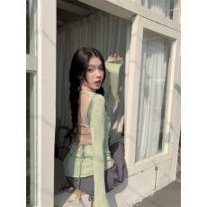 批发法式设计感辣妹露背长袖<b class='q'>针织</b>衫女夏季修身显瘦薄款防晒开叉上衣潮