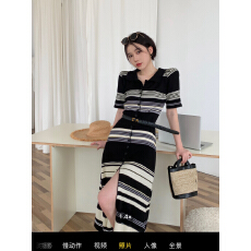批发黑色条纹polo领短袖连衣裙女夏季2026新款韩版针织收腰中长款裙子