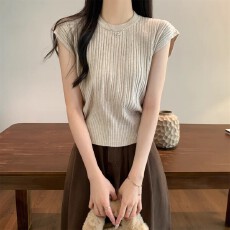 批发冰<b class='q'>丝</b>针织衫女夏季复古圆领短袖打底衫设计感小众短款修身薄款上衣
