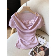 批发紫色假两件蕾丝<b class='q'>花朵</b>荡领短袖<b class='q'>T</b><b class='q'>恤</b>女夏木耳边修身别致甜美短款上衣