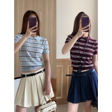 批发夏季短袖宅女同款双色条纹学院风polo针织衫上衣女<b class='q'>甜美</b>减龄T恤女