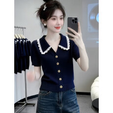批发翻领针织衫外套女夏季新款短袖开衫高级感修身短款莱赛尔天<b class='q'>丝</b>上衣