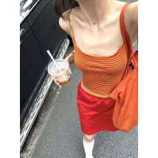 批发新款夏季修身叠穿纯欲u领吊带小背心女桔色条纹卷边冰<b class='q'>丝</b>针织上衣
