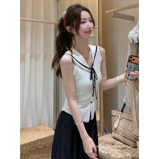 批发<b class='q'>春</b>夏学院风设计感百搭气质新款海军领撞色背心女短款减龄小衫上衣