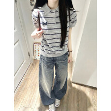 批发条纹刺绣POLO领针织短袖上衣女夏季<b class='q'>薄款</b>显瘦条纹设计感独特T恤ins