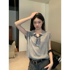 批发韩系灰色设计感polo领针织短袖t恤女夏季高智感宽松短款修身上衣
