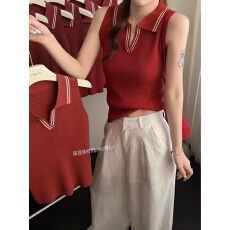 批发韩系撞色翻领薄款针织背心修身辣妹无袖上衣女2026夏季新款针织衫