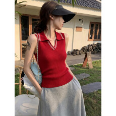 批发韩系Polo领红色针织无袖吊带背心女夏季2026新款外穿独特漂亮上衣