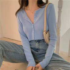 批发白色<b class='q'>针织</b><b class='q'>开衫</b>女春秋修身小外套 ins潮甜辣风辣妹高腰露脐短款上衣