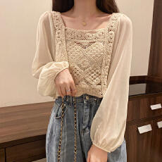 批发法式锁骨方领上衣女设计感2026新款春季秋<b class='q'>韩版</b>温柔风短款<b class='q'>雪纺</b>衬衫