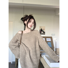 批发法式针织衫女秋冬甜美温柔斜肩毛衣设计感小众别致慵懒风露肩上衣