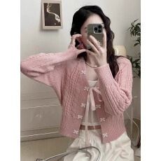 批发韩系小清新蝴蝶结针织<b class='q'>开衫</b><b class='q'>女</b>秋装新款复古小众设计感毛衣外套上衣