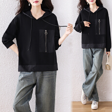 批发实拍大码女2025春秋季新款卫衣宽松休闲拼色t恤洋气连帽百搭外套