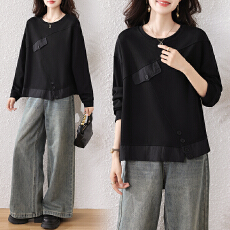 批发实拍春秋新款大码女装卫衣气质拼接时尚百搭显瘦休闲宽松T恤上衣