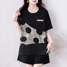 批发实拍<b class='q'>大码</b>2026新款女圆领波点拼接短袖t恤夏装宽松韩系上衣
