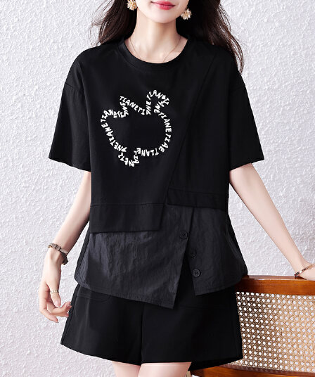 실사 빅 사이즈 여름 드레스 불규칙 반팔 티셔츠 여성 지방 mm 패션 외국 가스 고유 한 Chic 페이크 레이어드 맨위