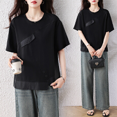 批发实拍春<b class='q'>秋</b>新款大码女装短袖气质拼接时尚百搭显瘦休闲宽松T恤上衣