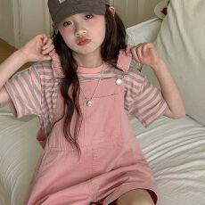 批发女童<b class='q'>背带裤</b>套装2025夏季新款时髦<b class='q'>儿童</b>网红夏款短袖洋气女大童夏装